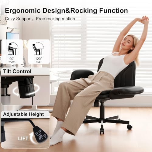 Misolant Criss Cross Chair with Armrests & Wheels for Cross-Legged Sitting, Comfortable PU Leather Vanity Chair, Office Desk Chairs with Adjustable Rocking Function, for Home, Bedroom Black