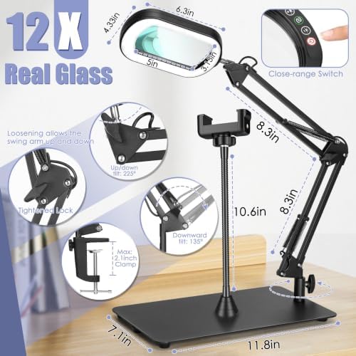 12X Square Magnifying Glass with Light and Stand, Real Glass LED Lighted Magnifier and Phone Holder, 5 Color Modes Stepless Dimmable, Hands-Free Desk Lamp for Craft Hobby Close Work Black and Holder