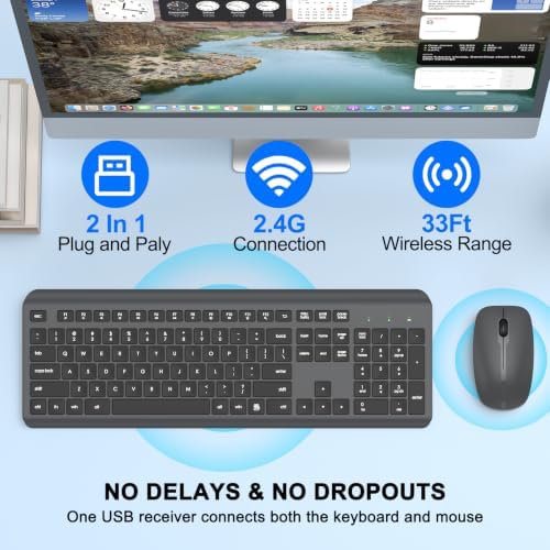 Wireless Keyboard and Mouse Combo, Full-Size Silent Ergonomic Keyboard and Optical Mouse, Long Battery Life, 2.4G Lag-Free Mice Keyboard for Computer,Mac,Laptop,PC,Windows(Gray)