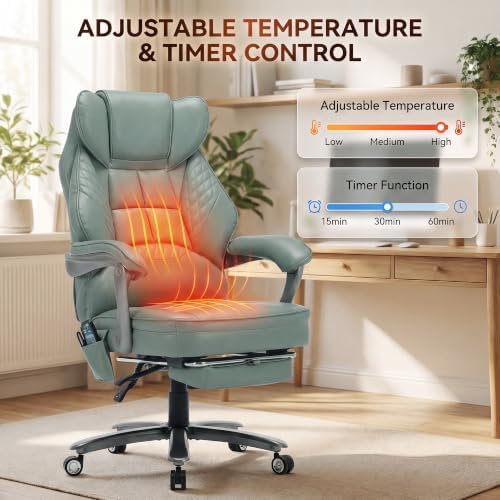 Big and Tall Massage & Heat Office Chair, Ergonomic Gaming Chair, Green