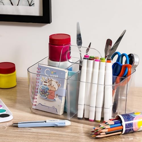 AOZITA Multiuse Caddy Organizer with Handle, Portable Divided Tote Bin - Art Craft, Stationary Pen Marker Crayons, Makeup Hair Supplies Storage - Bathroom, Classroom, Dorm, Office, Desk Holder -Clear