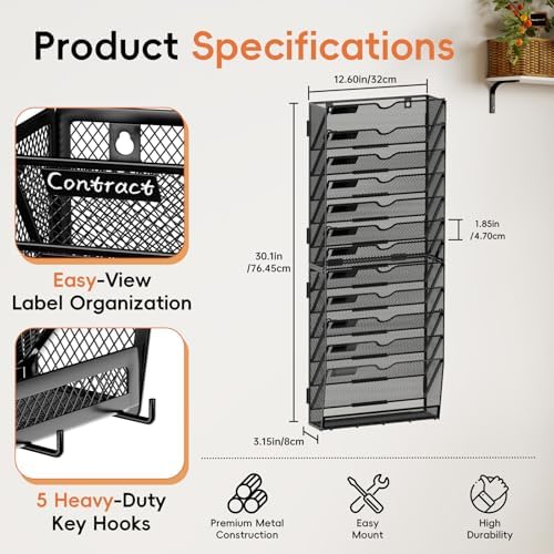 13-Tier Wall File Organizer with Hook, Hanging File Organizer Black