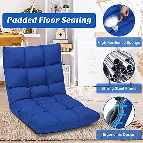 Giantex Adjustable Floor Gaming Sofa Chair 14-Position Cushioned Folding Lazy Recliner High Resilience Sponge, Breathable Cotton & Linen Fabric Sleeper Bed Couch Recliner (Navy)