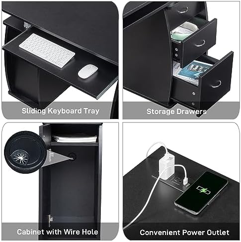Karl home MDF Computer Desk with Strip Socket, Home Office Desk Writing Desk, Office Table with 3 Drawers and Storage Cabinet for Studio, Apartment, Coffee, Black