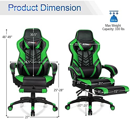 GYMAX Gaming Chair, Ergonomic Computer Chair with Footrest, Linkage Armrests & Lumbar Cushion, Big Wide High Back Video Gaming Chair, Reclining Office Rolling Chair for Adult/Teens (Green)