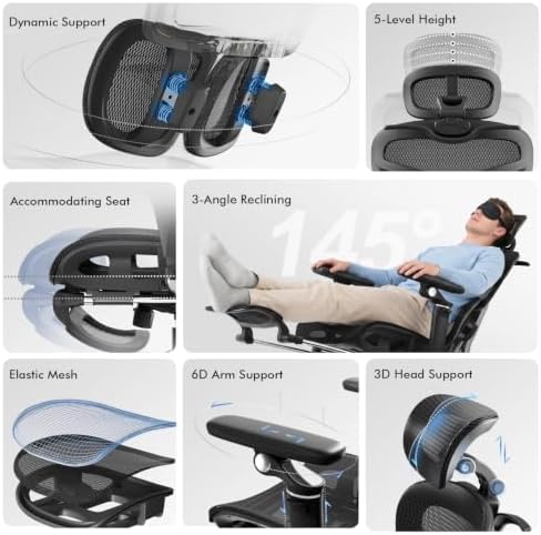 marrap Ergonomic Office Chair with Dual-Zone Adaptive Lumbar Support, Adjustable Seat Depth, 5-Position Backrest, 6D Armrests, 90°–145° Reclining Mesh Chair with Footrest for Home Office