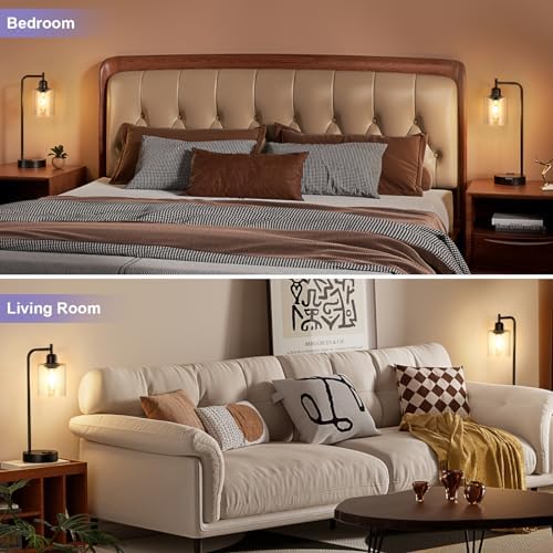 Industrial Touch Table Lamps for Bedrooms Set of 2 - 3-Way Dimmable Lamps with USB C+A Ports and Outlet, Black Bedside Lamps with Seeded Clear Glass Shade for Living Room, Desk Lamps for Home Office