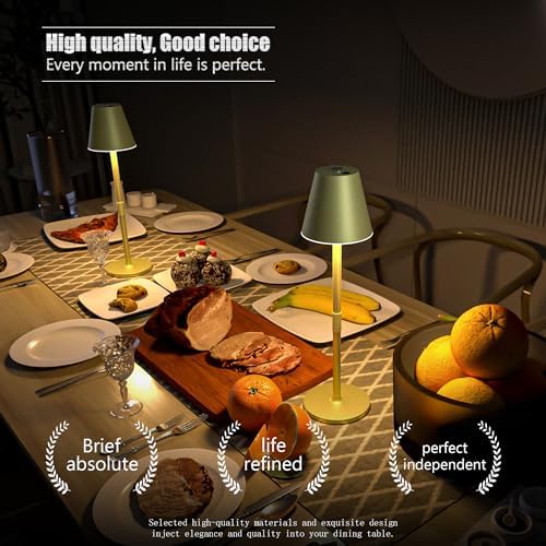 Timjorman 2-Pack Cordless Table Lamps - 5000mAh Rechargeable Battery Operated Desk Lamp, 3-Level Dimmable LED Night Light for Bedroom, Dining, Restaurant - Metal Design (Champagne Gold 2Pack)
