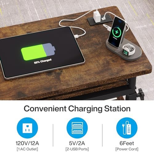 Tribesigns Small Portable Desk with Power Outlet, Height Adjustable Sofa Couch Bedside Laptop Table with Wheels, Mobile Standing Desk Rolling Computer Cart C Side Table with USB Ports