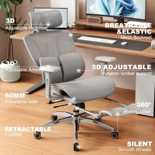 Vonesse Ergonomic Office Chair,Desk Chair with Adjustable 3D Headrest and Armrests, Gaming Chair with Dynamic Lumbar Support & Adjustable Depth Breathable Mesh Seat (Grey)