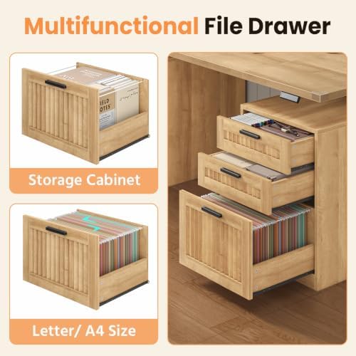 60" Fluted Electric Standing Desk with Drawers for Home Office, Oak
