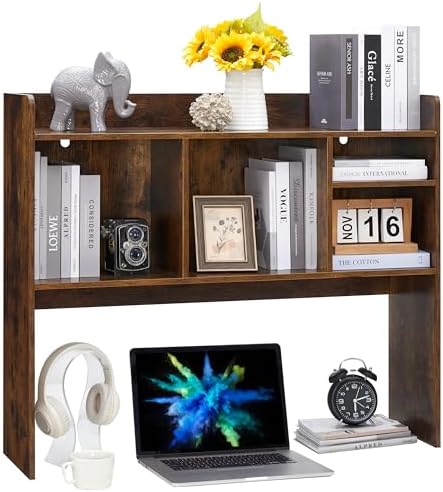 Nromant Desktop Bookshelf, Wooden Desk Storage Hutch with 6 Shelves for Computer Desk, 3-Tier Desktop Display Organizer Rack for Office Home (Brown)