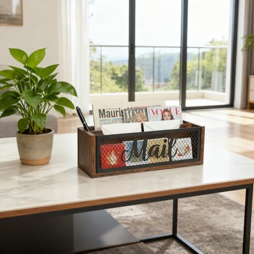 Mail Organizer Countertop, Rustic Farmhouse 2-Slot Wood & Iron Mail Holder, Retro Wall Mounted or Desk Entryway Letter Bill Envelope Sorter, No Assembly
