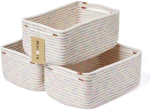 MiniArk Small Storage Baskets for Organizing | Closet Organizer Bins | Shelf Toy Basket | Woven Rope Baskets | Cube Decorative Box | Shallow Basket | 13x8.5x5.1” | 3 Packs Rainbow
