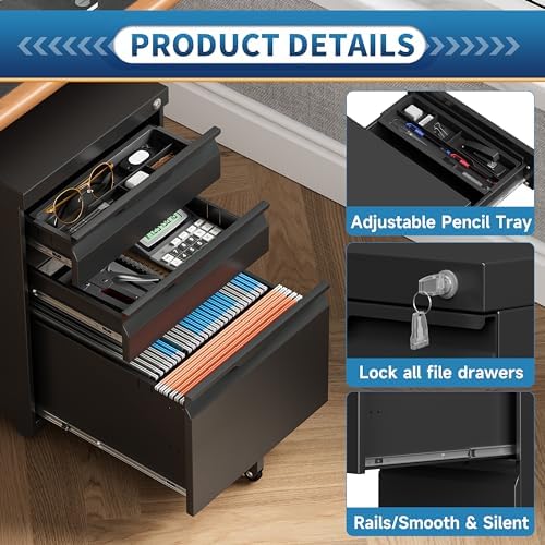 3 Drawer File Cabinet with Lock and Wheels,Rolling File Cabinets with Lock,Vertical Metal Filing Cabinet for Legal/Letter/A4 File-Black/Assembly Required
