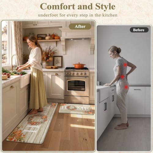 KIMODE Fall Kitchen Mat Anti Fatigue Cushioned Kitchen Rugs Sets of 2 Decor