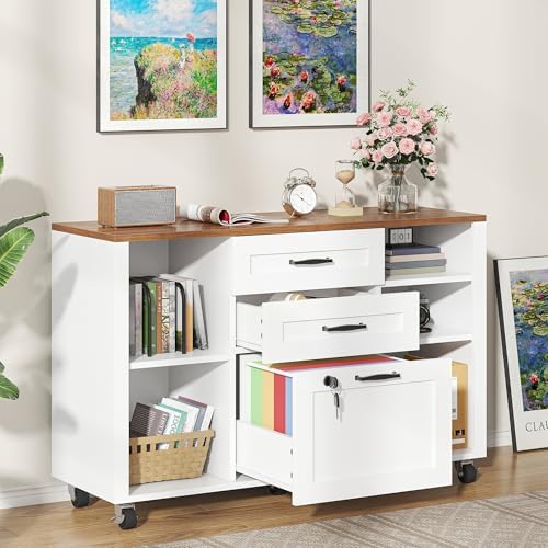 3 Drawer Wood Lateral File Cabinet with Lock, Rolling Mobile Filing Cabinet with Open Storage Shelves, Printer Stand Office Storage Cabinet for Home Office Fits Files Legal/A4 Size, White
