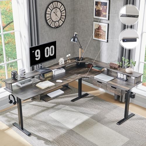 RedLemon 75x60 Inches L Shaped Electric Standing Desk, Dark Rustic Oak