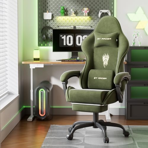 Huracan Velvet Ergonomic Office Gaming Chair for Home Use, High‑Back Reclining Computer Chair with Footrest Massage Lumbar Support, Adjustable Racing Desk Chairs for Streaming Work, Green