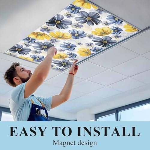 Ombre Flower Magnetic Fluorescent Light Covers for Ceiling Lights 2 x 4 Feet,Watercolor Yellow Purple Blue Green Floral Office Classroom Kitchen Drop Ceiling Light Covers Filters Shade Panel 3 Packs