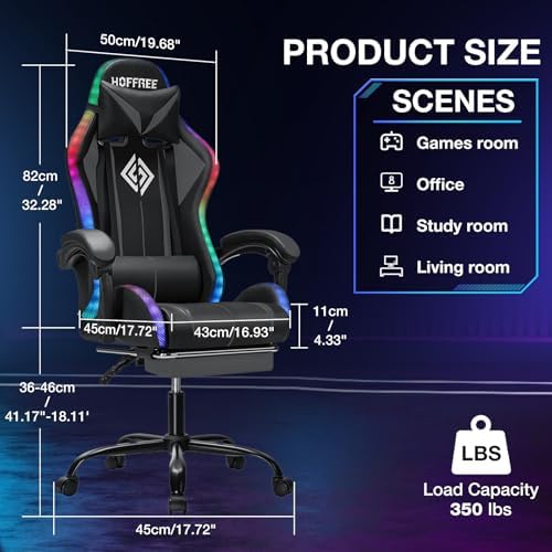 RGB Gaming Chair with Bluetooth Speakers and LED Lights Computer Chair-Grey