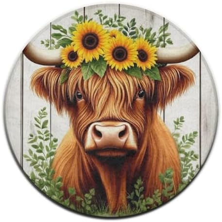 Fashion Round Area Rug Large Non Slip Carpet, Wooden Sunflower Highland Cow Unisex Home Decor Mat