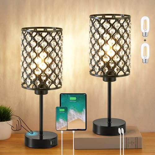 GyroVu Black Crystal Bedside Table Lamps Set of 2 with USB C+A Ports