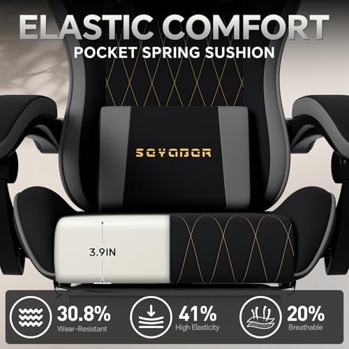 Breathable Fabric Gaming Chair with Footrest, Ergonomic High Back Computer Chair with Gold Diamond Stitching, Height Adjustable Swivel Office Chair with Lumbar Support for Adults,BlackGrey
