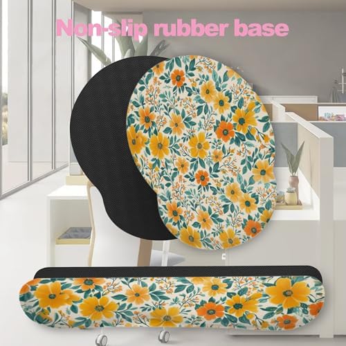 Wildflowers Spring Flowers Plants Mouse Pad with Wrist Rest and Keyboard Wrist Rest Set, Non-Slip Rubber Base Memory Foam Mouse Pad Set for Women, Office Desk Accessories, Gaming