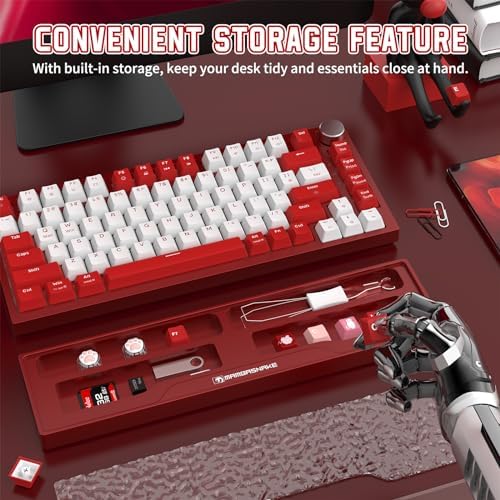 SELORSS x MANBASNAKE 68 Keys CNC Aluminum Alloy Keyboard Wrist Rest with Partition Storage Case, 2 Acrylic Top Covers, Ergonomic Non-Slip Support for Mechanical Keyboards, Ideal for Office/Home-Red