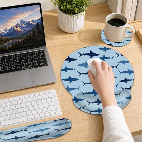 Wrist Rest Mouse Pad and Keyboard Support Set,Cute Shark 3 in 1 Ergonomic Memory Foam Mousepad with Non Slip Base, Gaming Mouse Pad for Office and Home