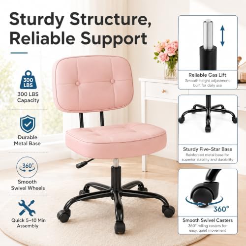 Armless Drafting Chair, Ergonomic PU Leather Home Office Computer Task Chair with Lumbar Support, Height Adjustable Swivel Rolling Chair for Small Spaces, Vanity, Bedroom, Study, Living Room, Pink