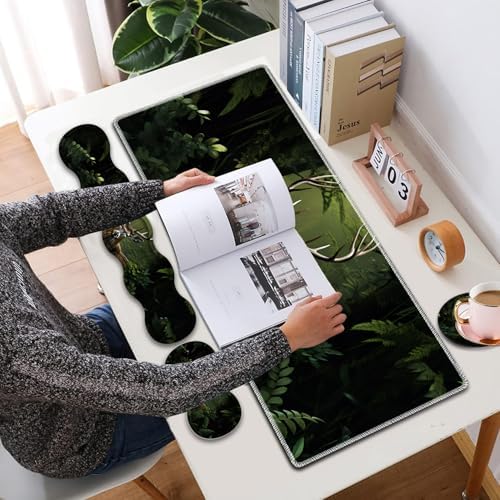 4 in 1 Mouse Pad Combo, Large Gaming Mouse Pad + Keyboard Wrist Support + Mouse Wrist Rest + Coaster, Table Pad 31.5 "x 11.8" with Memory Foam Ergonomic Wrist Pad Set, Camouflage Forest Deer