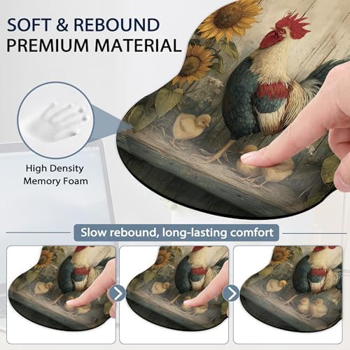 Rooster Ergonomic Memory Foam Wrist Rest Set for Keyboard and Mouse,Sunflower Vintage Wooden Board Supportive Mouse Pad with Non Slip Base for Office Work and Gaming