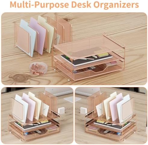 LEKETREE Rose Gold Desk Organizer, Office Organization with Vertical File Holder, File Organizer with Drawer and Office Supplies, Desk Accessories and Workspace Organizers (Rose Gold)