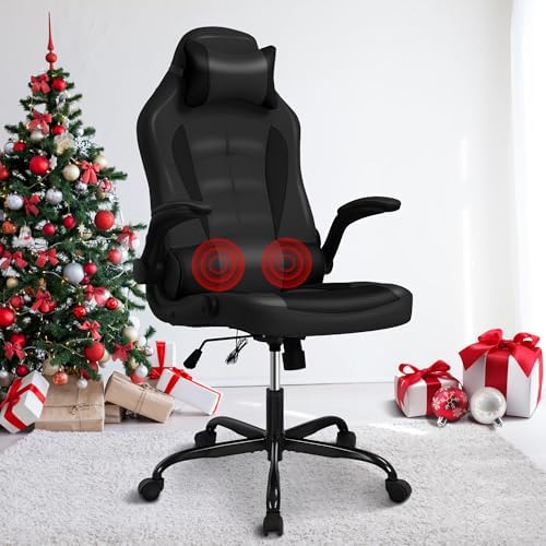 Massage Gaming Chair, PU Leather Gaming Chairs for Adults, Comfy Office Chair Ergonomic Desk Chair Computer Chair with Flip Up Arms, Swivel Reclining Gamer Chair, Height & Backrest Adjustable, Black