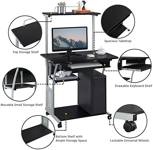 Yaheetech Small Rolling Computer Desk with Hutch and Storage Shelves, Black