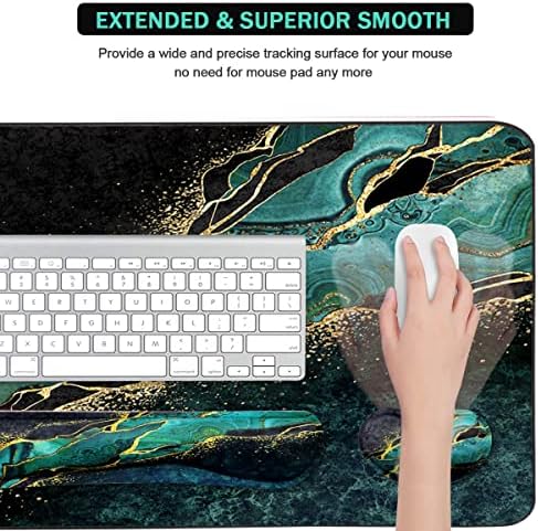 Keyboard Mouse Pad Set, Extended Mouse Pad+Keyboard Wrist Rest Support, Memory Foam Ergonomic Easy Typing, 3Pcs (35.4×15.7 in) Desk Pad Set for Home Office Study Game - Malachite Marble