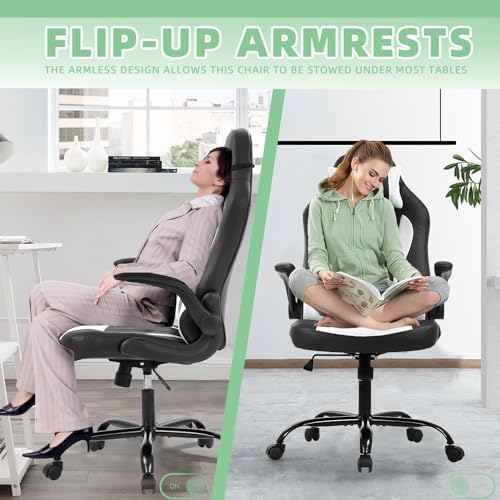 PC Gaming Chair,High Back Ergonomic Racing Office Desk Executive Chair with Lumbar Headrest Support,Flip Up Arms,PU Leather 360° Swivel for Kids Adults Women Men Gaming Home Office,White
