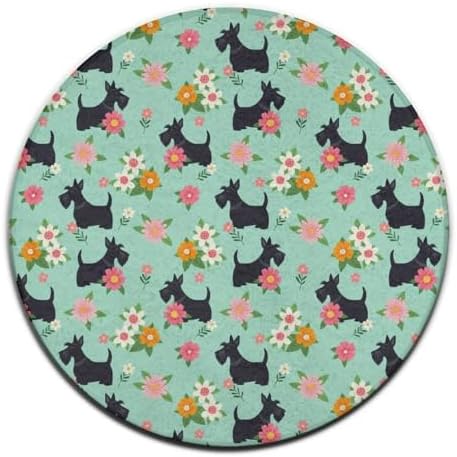 Soft Round Yoga Carpet, Large Home Decor Mat, Non Slip Machine Washable Kitchen Office Circle Rug Black Scottie Dog Floral, 24inch