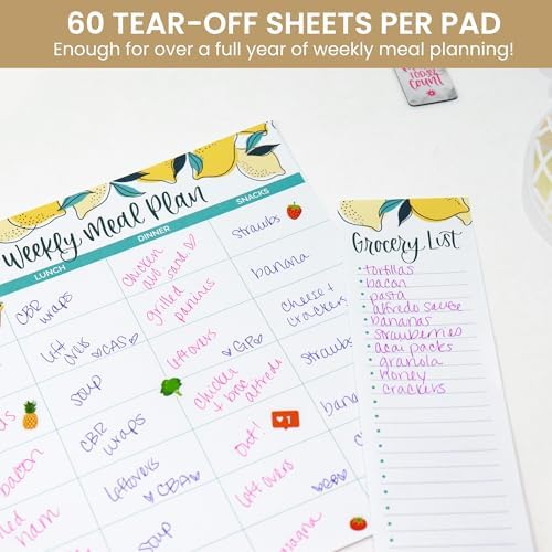 bloom daily planners Horizontal Weekly Magnetic Meal Planning Pad for Fridge with Tear-Off Grocery Shopping List - Hanging Food/Menu Organizer Notepad with Magnets - 8.5” x 11” - Lemons