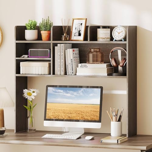 Tangkula Desktop Bookshelf for Computer Up to 32”, 37” Countertop Storage Hutch with 6 Storage Shelves, 3-Tier Desktop Organizer Display Rack, Wooden Desk Hutch for Dorm Home Office (Grey,6 Shelves)