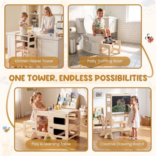 Toddler Kitchen Step Stool, 4-in-1 Foldable Standing Tower with Blackboard, Anti-Tip Learning Tower for Kitchen Counter & Bathroom Sink, Kitchen Helper Stool for Kids, 1-3 Year Old Boy Girl Gifts