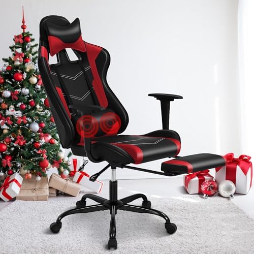 Red Massage Gaming Chair with Footrest, PU Leather Gaming Chairs for Adults, High Back Office Chair Ergonomic Desk Chair Computer Chair, Reclining Gamer Chair, Height & Backrest Adjustable, 300 Lbs