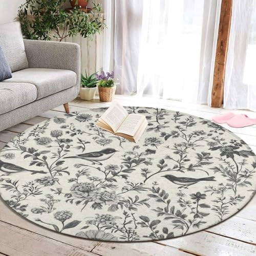 Soft Round Yoga Carpet, Large Home Decor Mat, Non Slip Machine Washable Kitchen Office Circle Rug Flower Bird Floral