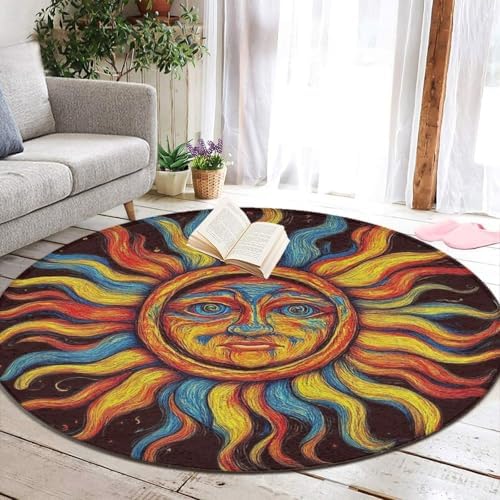 Room Sofa Yoga Soft Round Carpet, Home Decor Non Slip Kitchen Office Circle Rug, Machine Washable Modern Round Area Rug Trippy Sun Art, 36inch
