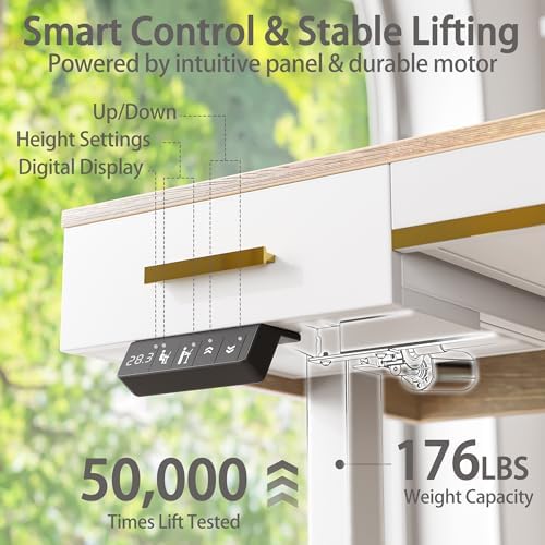 TIQLAB One-Piece Top Electric Standing Desk, 47 x 24 Inch Height Adjustable Sit Stand Desk with Three Drawers for Home Office, Maple