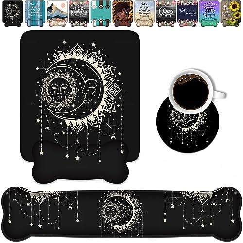 Wrist Rest Support Ergonomic Gel Mouse Pad and Memory Foam Keyboard Set, Non-Slip Rubber PU Base for Home Office Working Studying Easy Typing & Pain Relief, Celestial Theme Sun with Crescent Moon