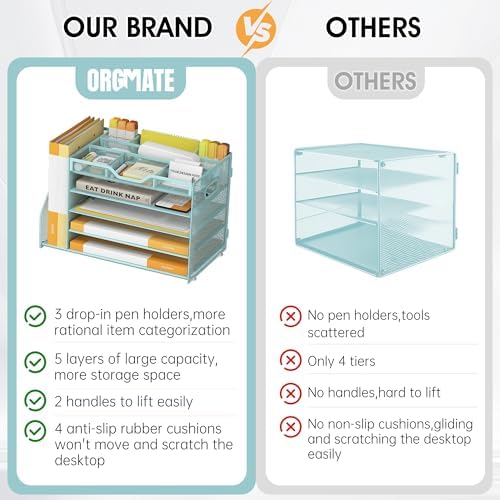 5 Tier Paper Letter Tray Desk Organizer with Pen Holders - Blue