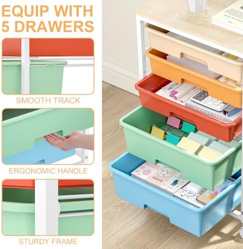 SYKIARIOL Utility Cart with Drawers,5 Drawers Storage Cart,Macaron